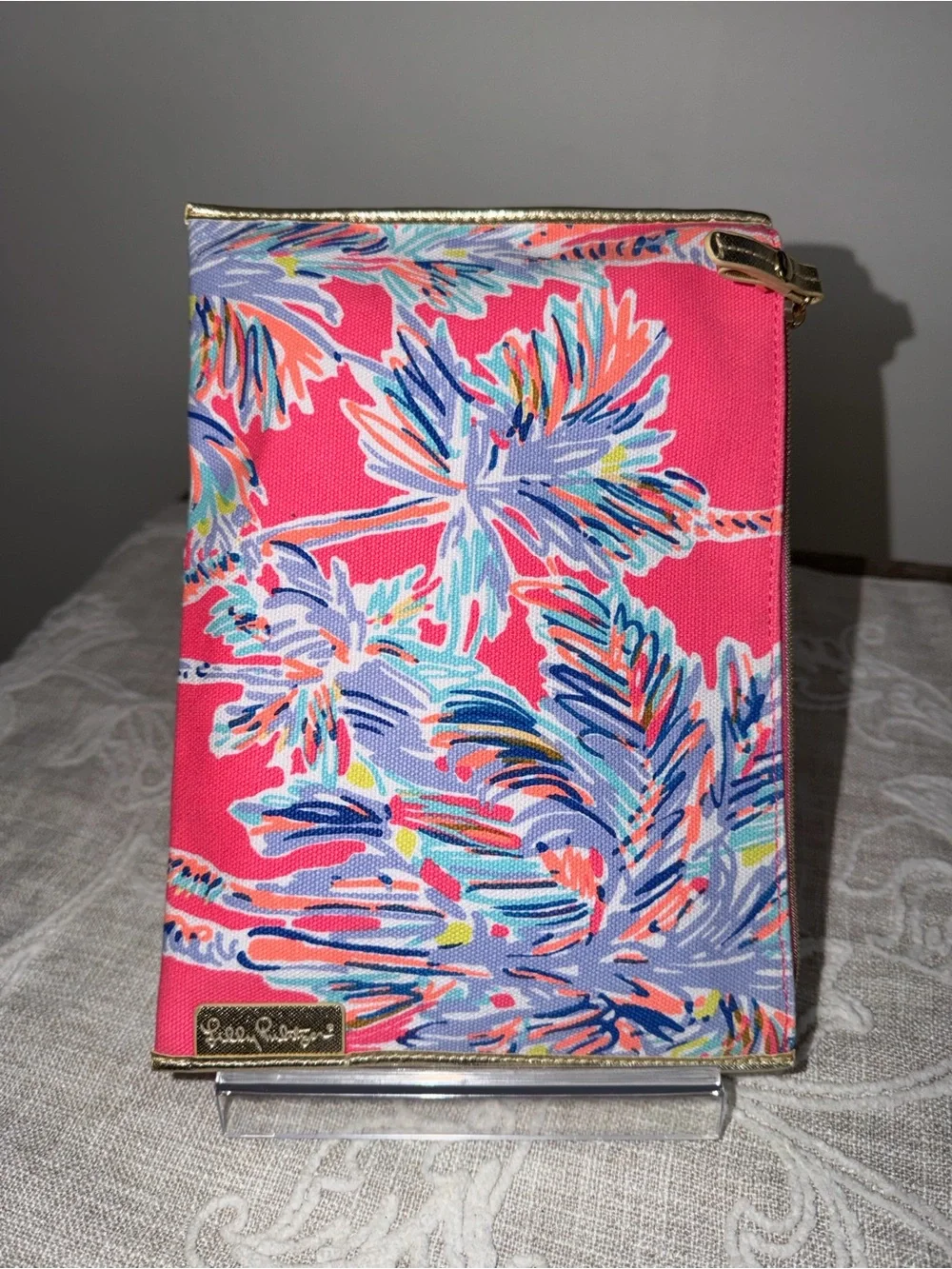 Lilly Pulitzer Pink Tropical Palm Pattern Top Zip Case with Gold Tone Trim